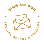 Gold circular badge with an envelope icon and the text “Sign up for special offers & updates”.